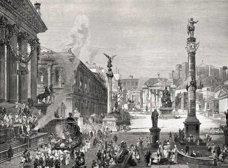 Reconstruction of the Roman Forum or Forum Romanum in ancient Rome