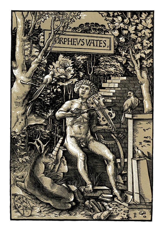 Orpheus with the violin, 16th century, Chiaroscur woodcut by Johannes Wechtlin, facsimile of the 19th century