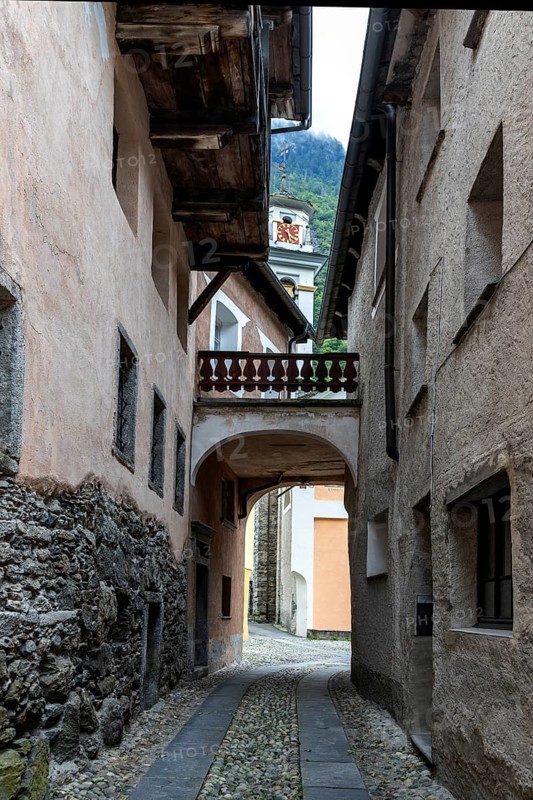 Narrow alley in Prato with typical Ticino houses, Lavizzara, Canton Ticino, Switzerland