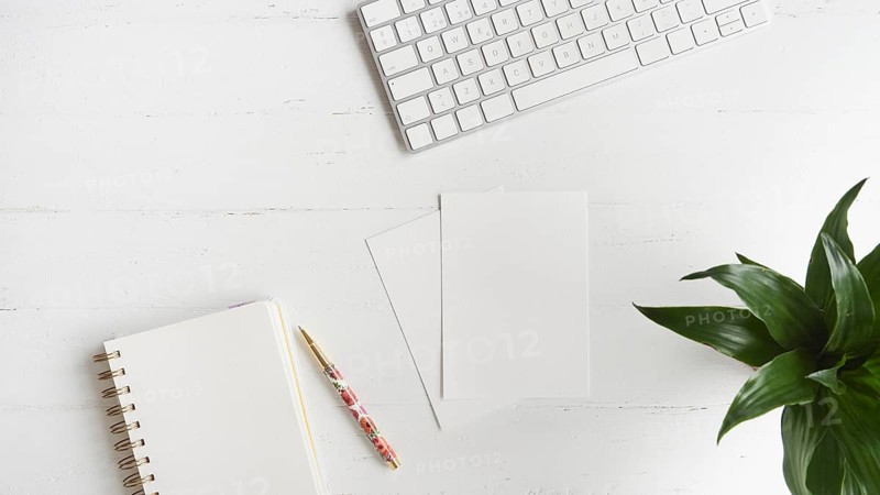 Blank sheets of paper and pen on white desk table beside notebook, computer keyboard and a green plant as decoration. Top view with copy space, flat lay