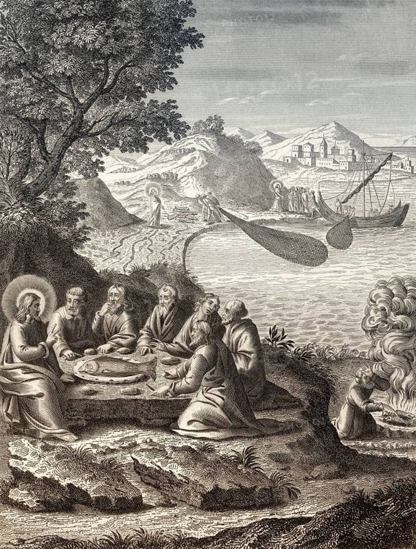 The miraculous catch of 153 fish, Resurrection of Jesus, New Testament, steel engraving 1853, digitally restored
