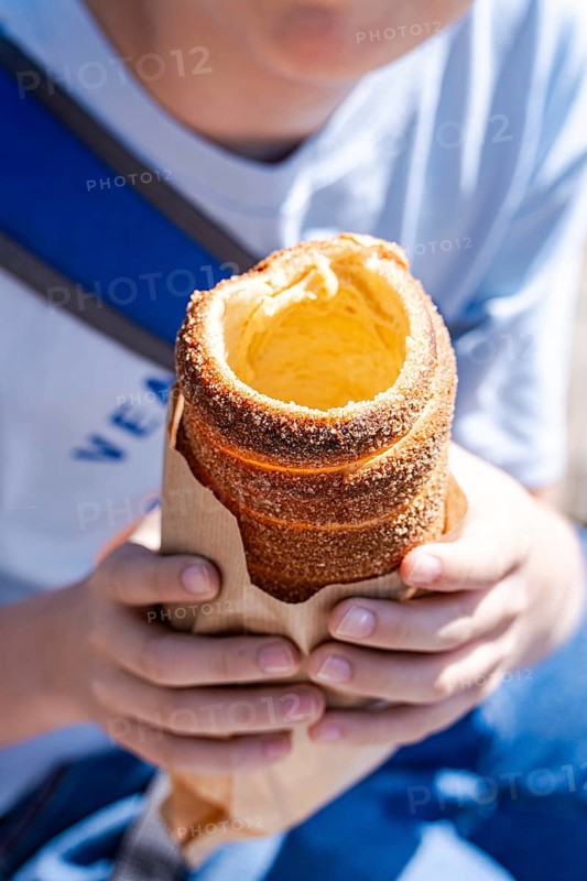 Young boy enjoying a traditional Czech trdelnik pastry outdoors, showcasing its crispy sugar-crusted exterior and soft interior. Perfect for capturing authentic culinary moments