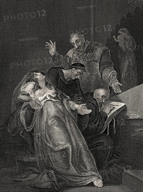 Die heilige Jungfrau von Kent, Elizabeth Barton, wird von 2 Klerikern und einem Laien verhört
