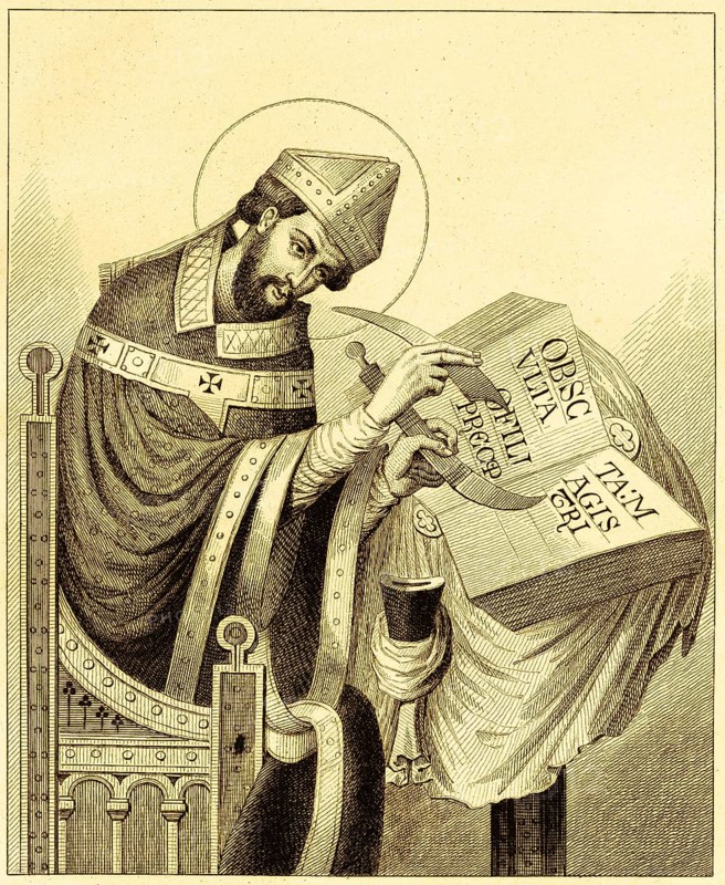 St Dunstane of Canterbury (c. 908- 988) Archbishop, regalia, gown, pew, knife, quill, writing, book, bishop's mitre, inkwell, Anglo-Saxon period, England, Great Britain, steel engraving, historical illustration 1842