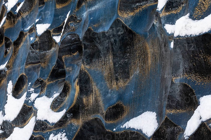 Structures in glacial ice, ice cave, glaciers, black glaciers reflecting sunlight, snow, Vatnajökull, winter, Iceland, Scandinavia