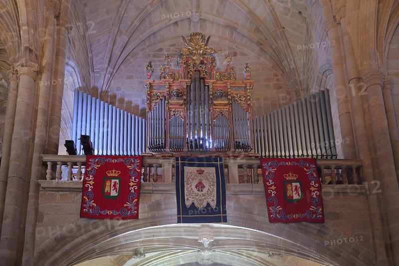 Organ and tapestries on the gallery, interior view, Iglesia Concatedral de Santa Maria church, UNESCO old town, Caceres, Extremadura