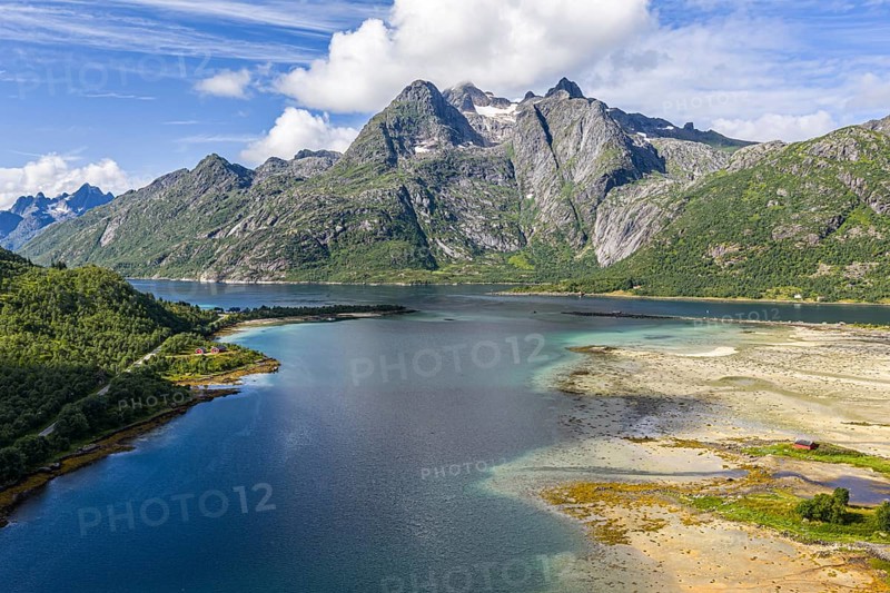 Aerial view of a bay at Raften at the Raftsund, the waterway between Lofoten and Vesteralen, Norway