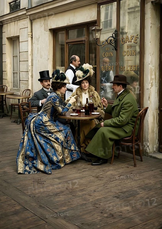 A spring day in Paris, in front of a café, illustration, story, France, walk, 1900, restaurant. local, restaurant, clothing, historical illustration, digitally edited
