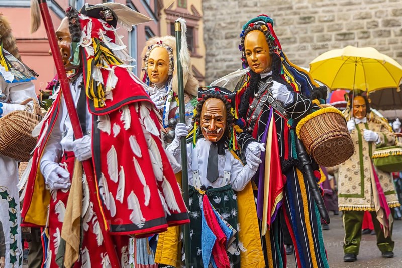 The highlight of the Swabian-Alemannic carnival is the fool's jump in Rottweil. Around 4000 fools jump through the historic Black Gate. Only fools with the certified original Rottweiler fool dress may participate. Rottweil, Black Forest, Baden-Württemberg, Germany