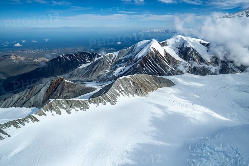 Mountains with snow and glaciers, aerial view, Alaska Range, Denali National Park, Alaska, USA