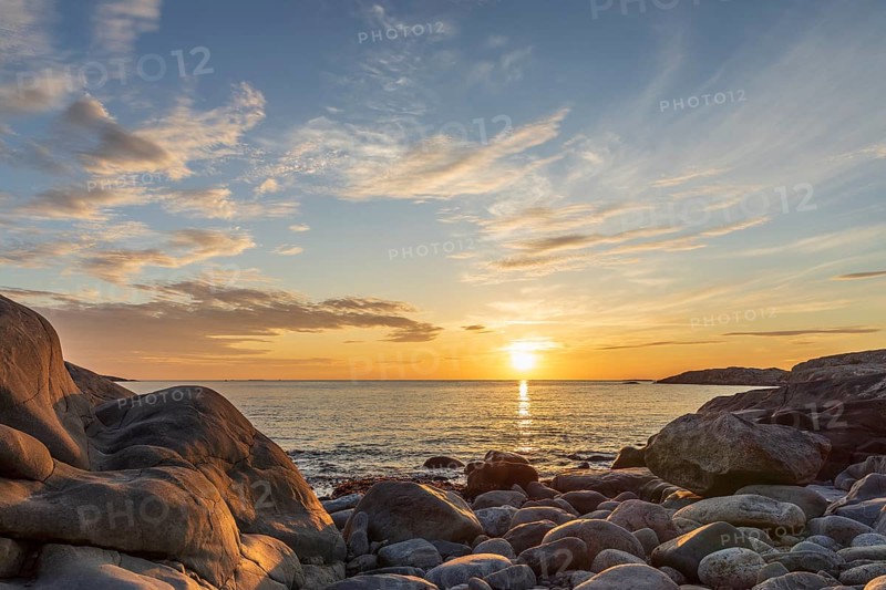 Sunset on the North Sea with archipelago on the west coast near Lerkil, Hallands län, Sweden