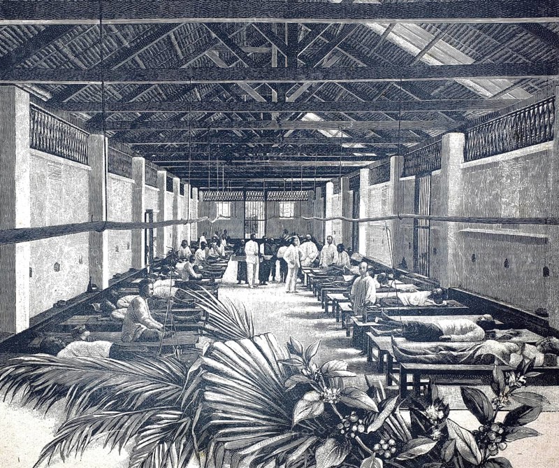 German tobacco plant in Sumatra, 1890, a hospital for coolies, workers, illustration, reproduction from a model from the 19th century. Authentic, file restored for optimal use, exact date of submission unknown, historical