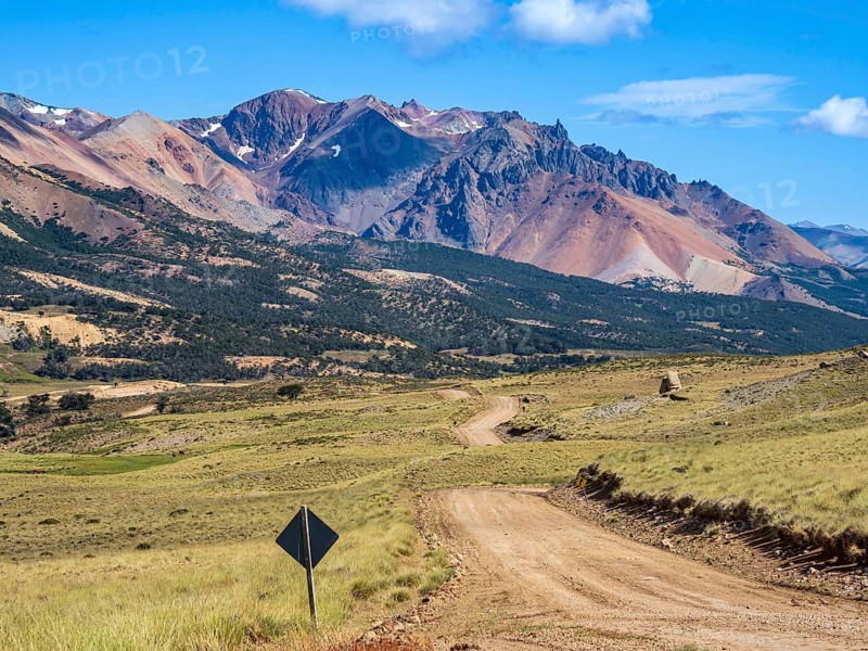 Road Ruta 41, gravel road, arid volcanic landscape, Los Antiguos - Paso Roballo, aerial view, Argentina