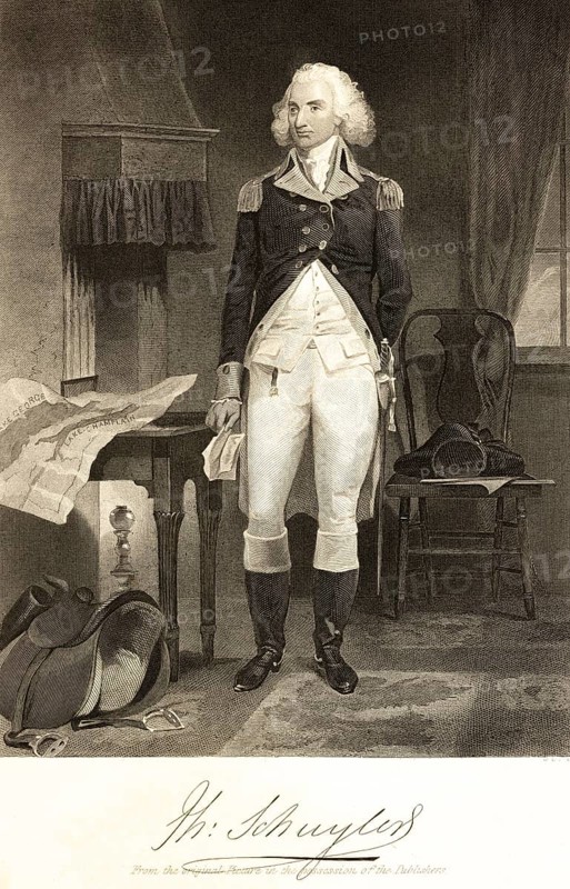 Philip Schuyler (1733-1804) politician and officer, portrait of famous American, general in the American War of Independence, senator for New York, USA, room, table, chair, uniform, boots, serious look, map, sword, signature, artist Alonzo Chappel, steel engraving, historical illustration 1862
