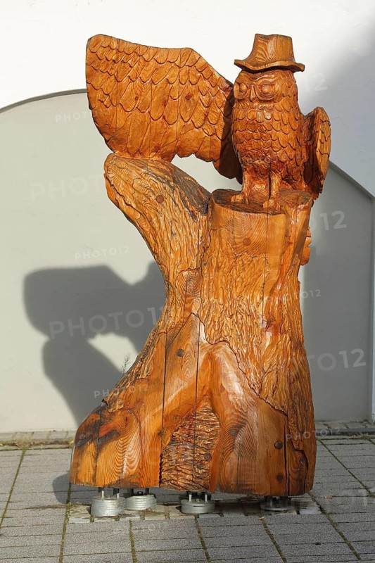 Owl figure with hat on the adventure trail, wooden sculpture, handicraft, headdress, wings, detail, grain, Postberg, Giengen an der Brenz, Swabian Alb, Baden-Württemberg, Germany