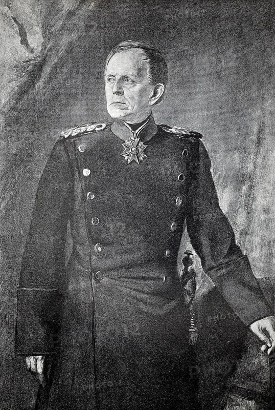 Helmuth Karl Bernhard von Moltke, Baron von Moltke from 1843, Count von Moltke from 1870, known as Moltke the Elder, popularly known as The Great Silent One (born 26 October 1800, died 24 April 1891), was a Prussian field marshal, authentic, digitally restored reproduction from a 19th century original, exact date of depiction unknown, historical, man in uniform with decorations standing seriously and resolutely in a shaded room