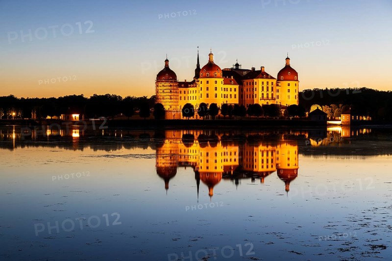 Night view of Moritzburg hunting lodge, Meissen district, Saxony, Germany