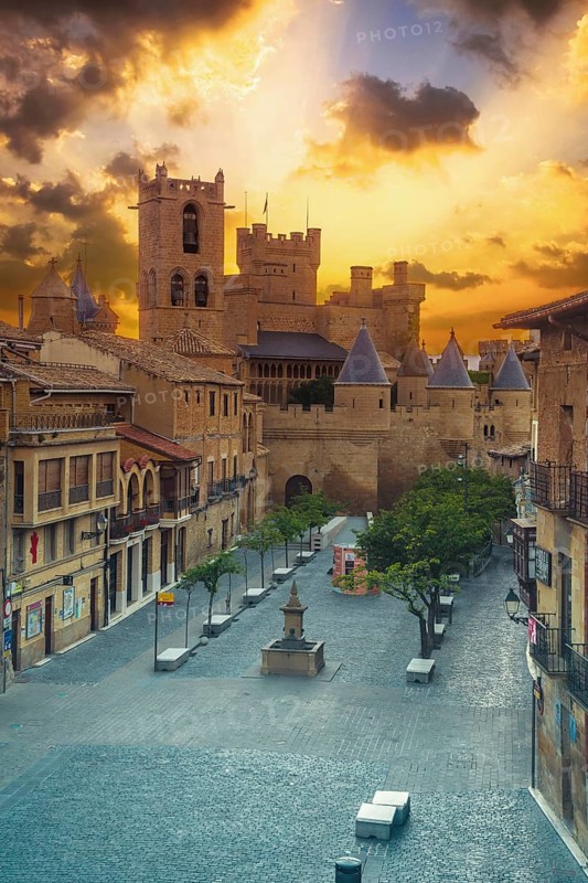 Incredible sunrise over the Royal Palace in the medieval town of Olite, in southern Navarra. Spain