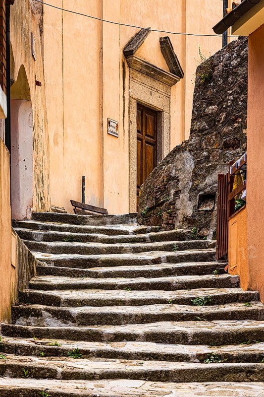 Old worn stone staircase to the church of San Francesco, Marciana Alta, Elba Island, Tuscan Archipelago National Park, Tuscany, Italy