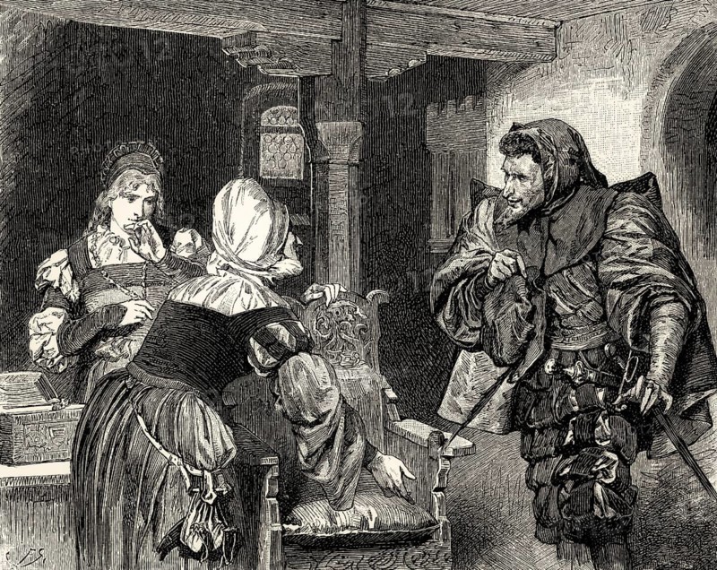 Marthe flirts with Mephistopheles, Gretchen, first part of the tragic play Faust by Johann Wolfgang von Goethe