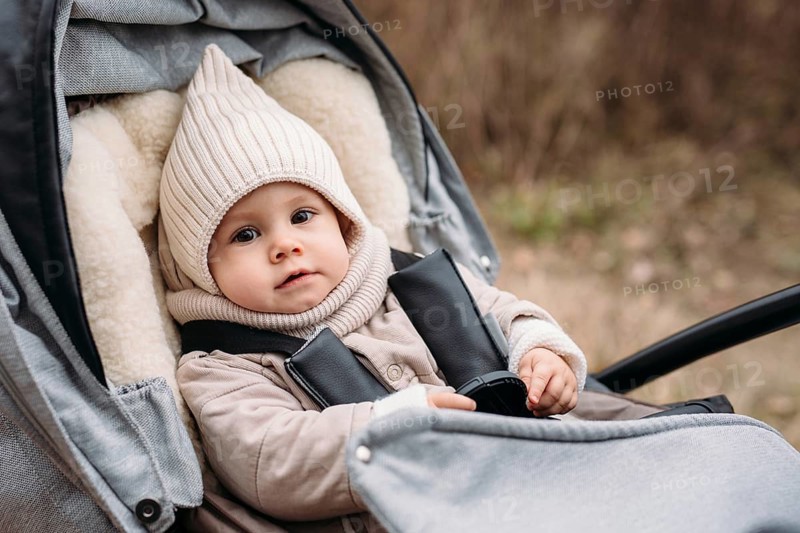 A cute baby sits comfortably in a stroller, dressed in warm, cozy autumn clothing. Surrounded by a soft blanket and knit hat, the child enjoys a peaceful fall day outdoors