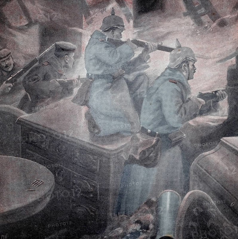 World War 1, French attack near Ypres is repulsed by the Germans (original text from 1915, original colouring), illustration, reproduction from a 19th century original. Authentic, file restored for optimal use, exact date of original unknown, historical, soldiers in uniform fighting in a trench with rifles