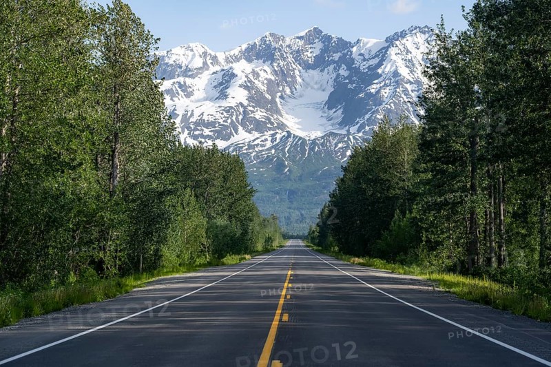 Road through taiga and mountainous landscape, picturesque landscape on Richardson Highway, Alaska, USA