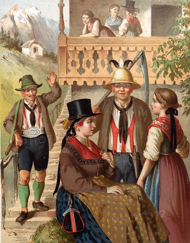 Traditional costumes in Germany around 1820, Austria, Pinzgau, men and woman in traditional traditional costume in front of a mountain backdrop, in conversation, digitally retouched reproduction of a model from around 1850, by Albert Kretschmer (27 February 1825, 11 July 1891), German painter and costume expert