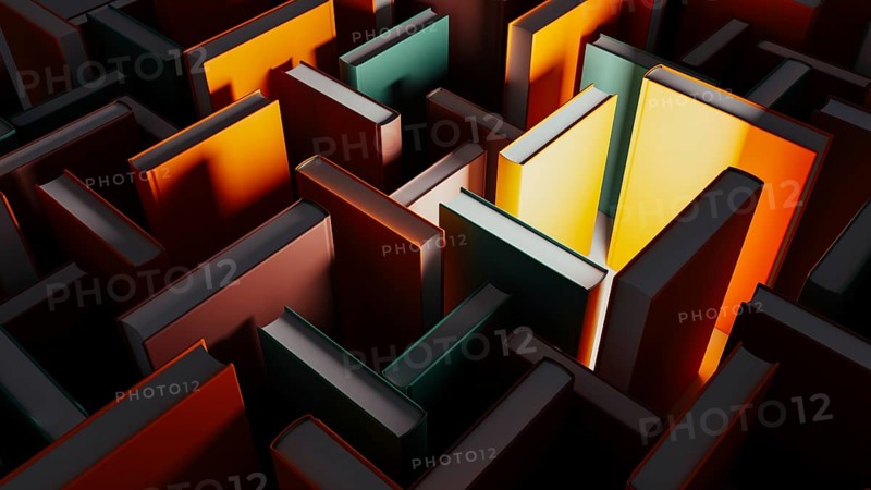 Bright books stand out among darker volumes, inviting exploration and learning in a unique library setting at twilight