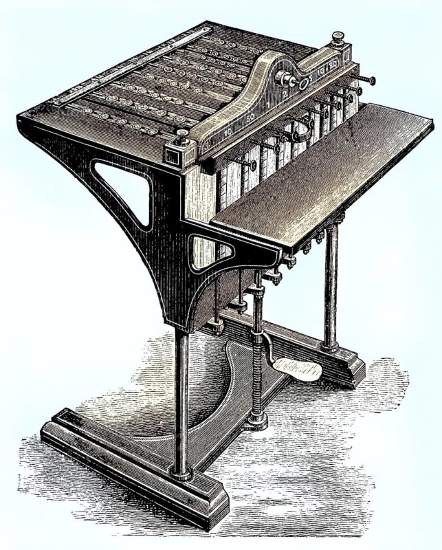 Wage payment machine, coloured wood engraving, reproduction of a model from ca 1888, historical, historical printing machine with pedal and keys, in an old-fashioned engraving style
