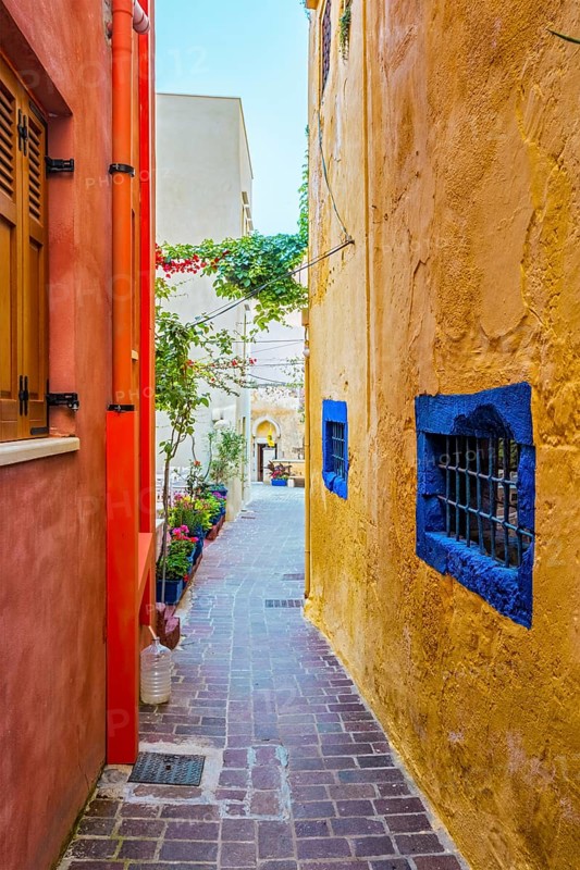 Scenic picturesque streets of Chania venetian town with coloful old houses. Chania greek village in the morning. Chanica, Crete island, Greece