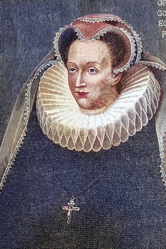 Mary Stuart on the morning of her execution. Mary Stuart (1542-1587) was Queen of Scotland from 14 December 1542 to 24 July 1567 as Mary I and, through her marriage to Francis II from 1559 to 1560, also Queen of France, coloured wood engraving, reproduction from a model from ca 1888, historical, portrait of a woman in Elizabethan dress with elaborate collar