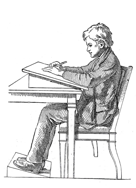 Posture, sitting position of a student at a desk while writing, 1896, illustration, reproduction from a 19th century template. Authentic, file restored for optimal use, exact date of original unknown, historical, boy sitting at a table and concentrating in a sketchbook