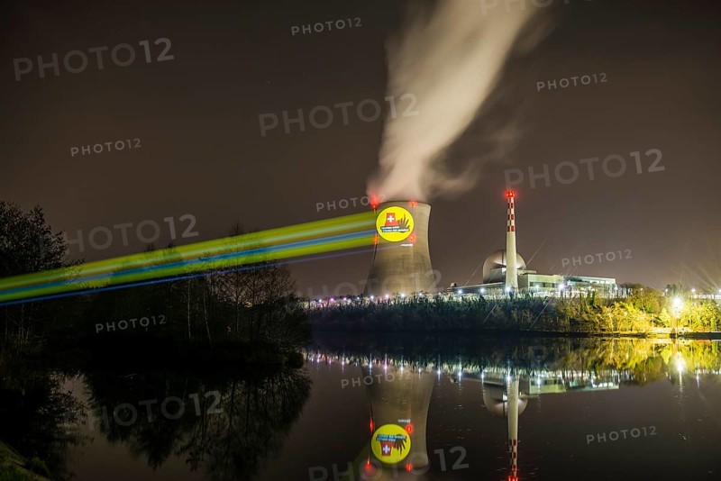 Protest action broadcast by the anti-nuclear organization, projection, night view, 05-03-2026, Waldshut, Leibstadt nuclear power plant, Rhine, Upper Rhine, Canton of Aargau, Switzerland