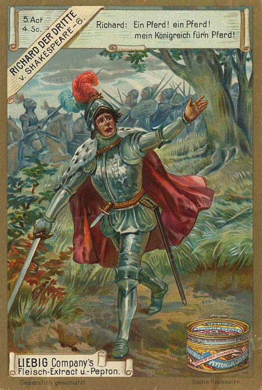 Series of pictures Richard the Third by Shakespeare, Liebig picture, digitally restored reproduction of a collector's picture from around 1900, public domain, exact date unknown, knight in armour on a battlefield, expressive and desperate, with a cry for help