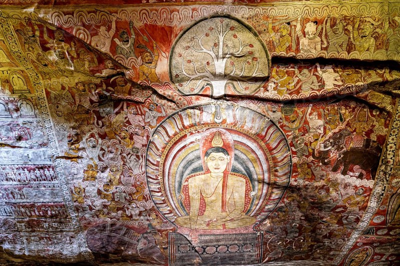 Complex wall painting of a Buddha surrounded by fascinating works of art, The cave temple of Dambulla in Sri Lanka