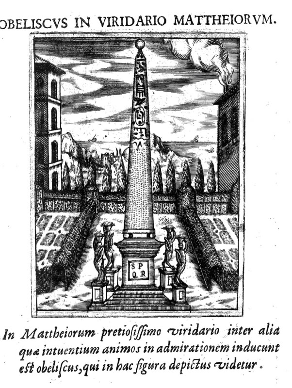 Guglia nel giardino de Mattei, Obeliscus in Viridario Mattheiorum, Obelisk, Rome, Italy, Historical, digitally enhanced reproduction from Grandezze della citta di Roma antiche et moderne by Jacomo Crulli de Marcucci, from the year 1630