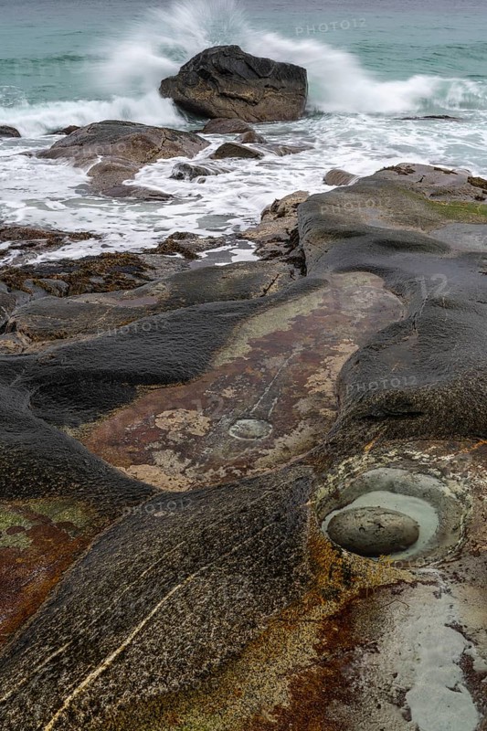 Tide pools and ocean surf, Lofoten, Nordland, Norway, September 2020
