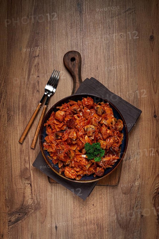 Bigos, bigus is a national Polish dish, made of cabbage and meat, stewed, homemade, no people