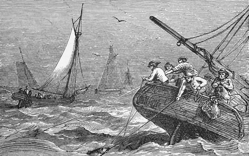 Cod fishing, Newfoundland Banks, around 1870, Canada, digital reproduction of a historical model