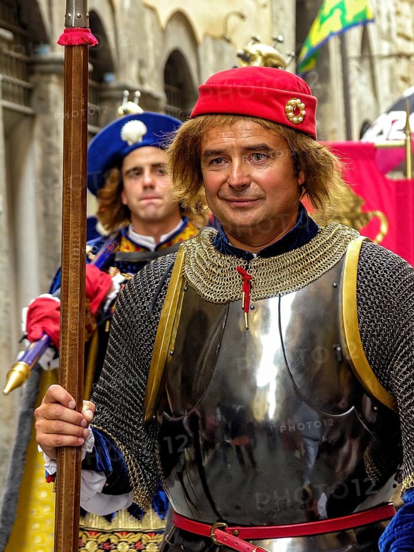 Il Palio di Siena, historical horse race, knight with lance of the Nobile Contrada del Nicchio, shell, parade in costumes through the alleys, Passegiata storica, historic centre, Siena, Tuscany, Italy