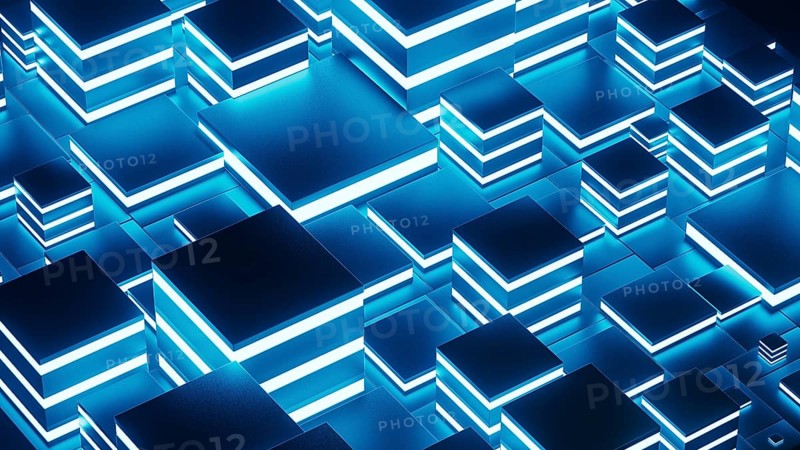Abstract background design featuring a network of glowing geometric shapes in blue tones, creating a visually captivating technological atmosphere