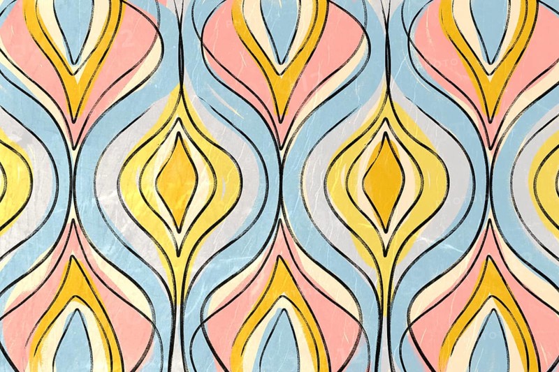 A vibrant and modern abstract background featuring elongated teardrop and floral patterns in soft pastel colors including tones of blue, pink, yellow, and gray