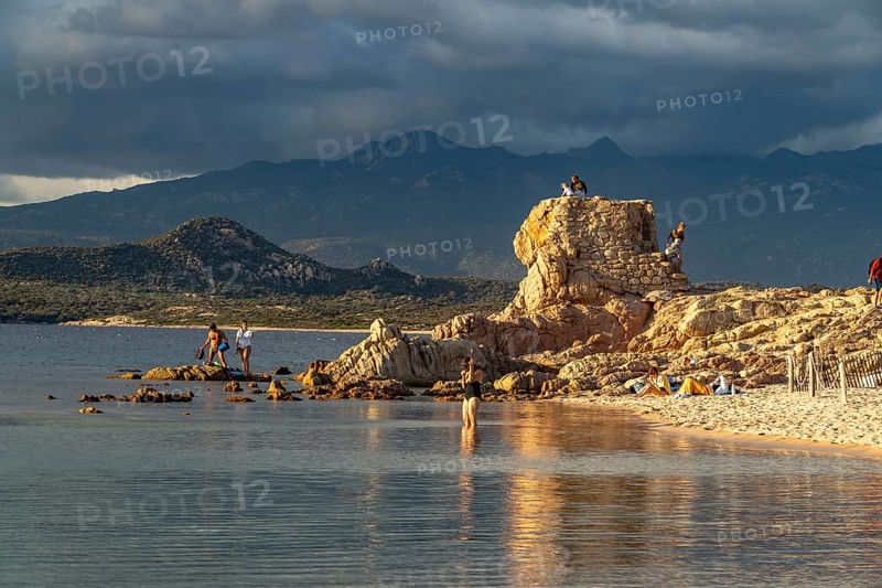 Ruins of a Genoese tower on La Tonnara beach near Bonifacio, Corsica, France