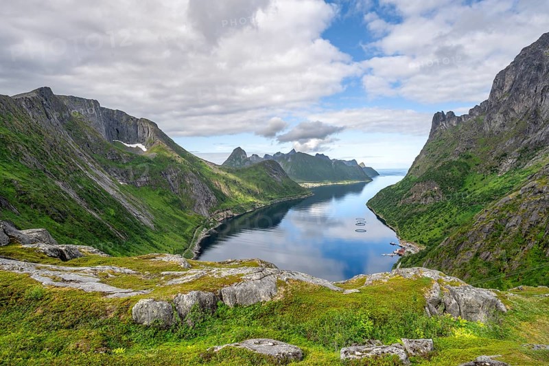 View of Øyfjorden fjord and mountains, fjord landscape with mountain peaks, hike to Barden mountain, Senja, Norway