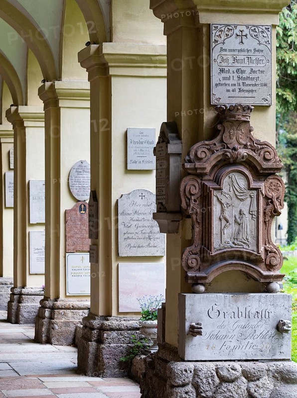 Crypt arcades, grave counters in the arcade of St. Sebastian's Cemetery, Church of St. Peter, Salzburg, Austria