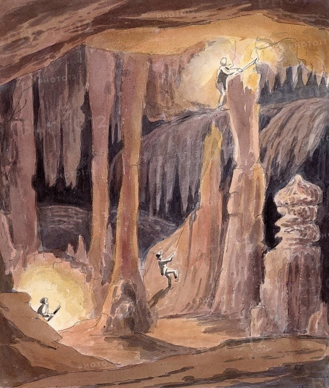 Grotto, Caves of Montserrat, Catalonia, Spain, digital reproduction of a painting by Charles Hamilton Smith (1776-1859), historical
