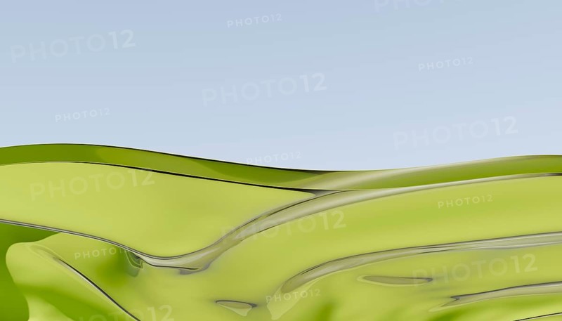A 3D rendering of smooth green liquid waves flowing against a pale blue sky. The abstract design showcases a serene interplay of color and form, evoking a calm, fluid motion