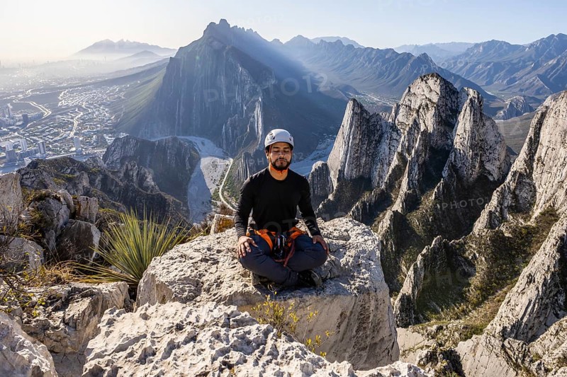 A man in mountaineering gear sits calmly on a rocky edge at Eagleâ€™s Nest, Monterrey, Mexico, surrounded by breathtaking mountain views. He appears relaxed, soaking in the serene landscape