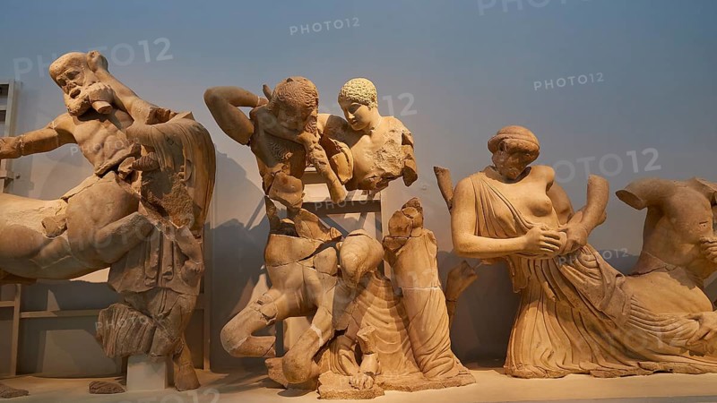 Group of Centaurs and Lapiths, West Gable of the Temple of Zeus, Battle between Lapiths and Centaurs, Group of Ancient Greek Marble Sculptures Showing a Mythological Scene, Olympia Archaeological Museum, Ancient Olympia, Olympia, Peloponnese, Greece